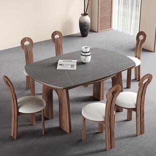 中古风胡桃色实木岩板可伸缩折叠餐桌法式小户形方可变圆功能饭桌