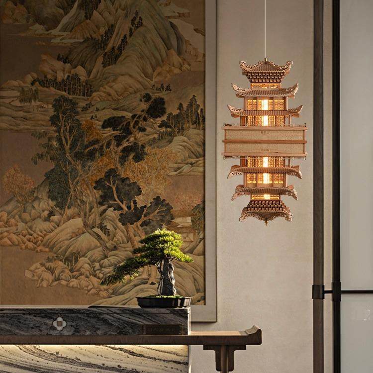 【楼兰】新中式仿古建筑吊灯模型摆件中国风凉亭楼阁客厅装饰灯具,家装灯饰光源,智能吊灯,淘宝优惠券,粉丝福利购,淘宝优惠卷