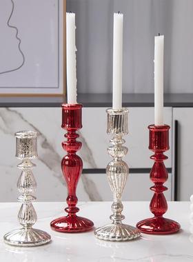 镀银烛台复古摆件浪漫烛光晚餐玻璃装饰法式欧式藏银烛台摆件