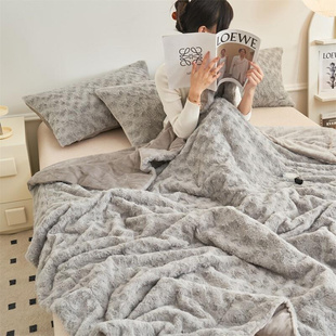 毯子单人空调沙发盖毯 牛奶绒四季 双层加厚 高端灰色兔毛绒毛毯冬季