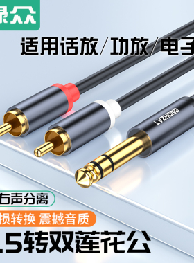 绿众6.5转双莲花一分二2rca音频转接线吉他大二芯功放声卡调音台音响音箱插头连接线大三芯6.35mm转av转换器
