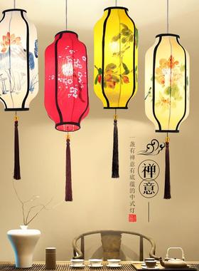 中式布艺手绘橄榄吊灯创意茶楼茶室餐厅火锅店过道中式红灯笼吊灯