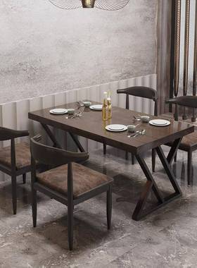 工业风复古烧烤火锅店实木餐桌椅组合商用饭店餐厅铁艺长方形桌子