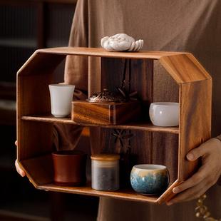 胡桃木窗花镂空桌面置物架家用茶具收纳架展示架茶室多宝格博古架