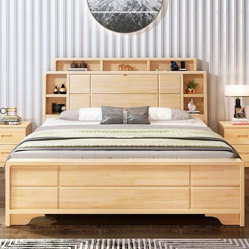 W7床现代简约全实木1.8米带书架主卧双人家具1.5m1.2出租房储物床