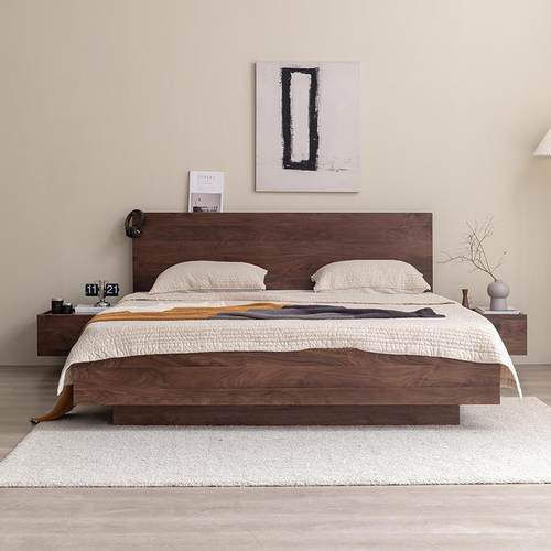 现代简约北欧日式榻榻米悬浮高箱体气压储物地台实木黑胡桃双人床