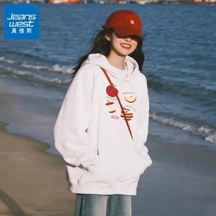 韩系慵懒风宽松休闲外套正肩上衣女 真维斯连帽卫衣女秋冬2025新款