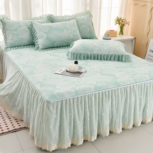 夏季凉感提花冰丝席三件套床裙款空调席可拆卸蕾丝花边冰丝软凉席