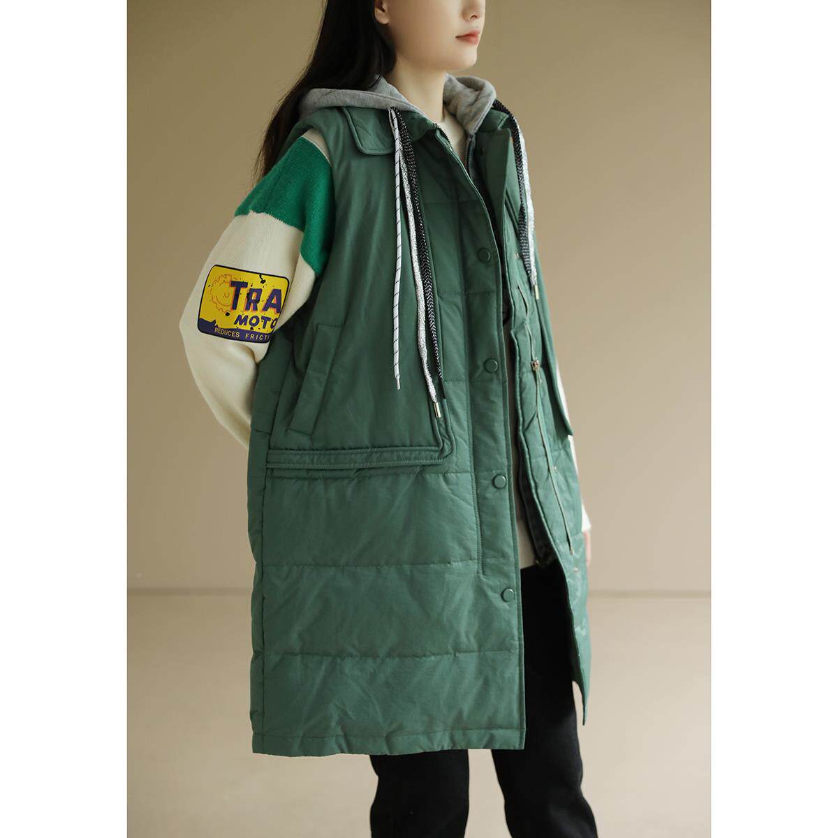 天出A品假两件拼绒接卫衣连帽羽马甲然背心中长款外套VAK女秋冬W6