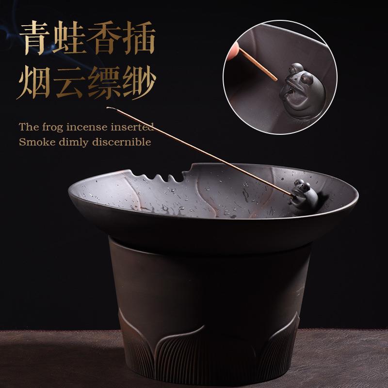 复古紫陶荷韵建水茶渣缸大号茶盅水盂创意中式带盖过滤茶渣桶茶洗