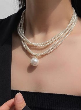 小众设计多层米粒贝珠项链水滴珍珠吊G坠颈链夸张锁骨链铜镀真金