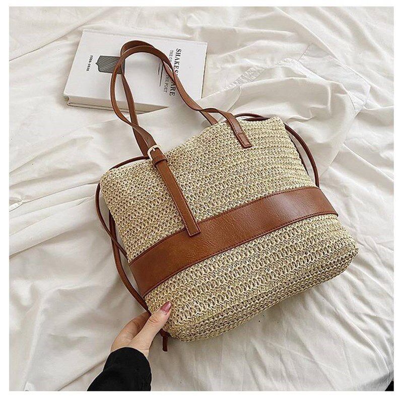 新款草编包百搭h款女包车缝线PU抽带时尚纸绳单肩编织包度假沙滩