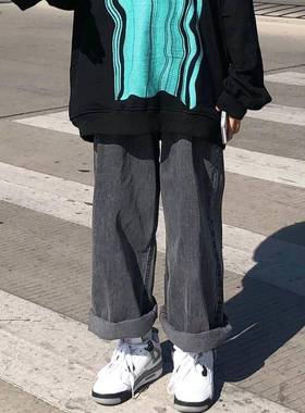 烟灰色牛仔显瘦裤女春季2QIO0搭21新款学生韩版宽松高腰百阔腿直