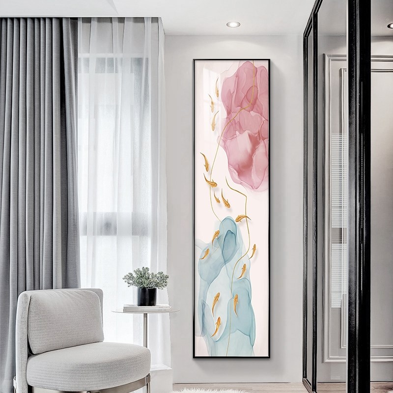 入户九鱼图玄关装饰画现代简约竖版E窄长条壁画楼梯挂画粉色大尺图片