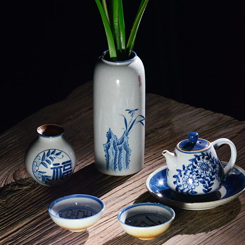景德镇手工拉坯手绘粗陶复古青花瓷花瓶茶桌摆件花器