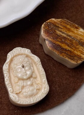 原创天然猛犸牙雕绿度母象牌吊坠