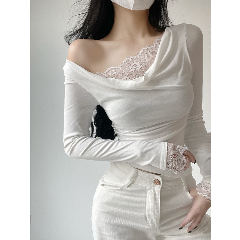 蕾丝拼接荡领斜领露肩长袖T恤