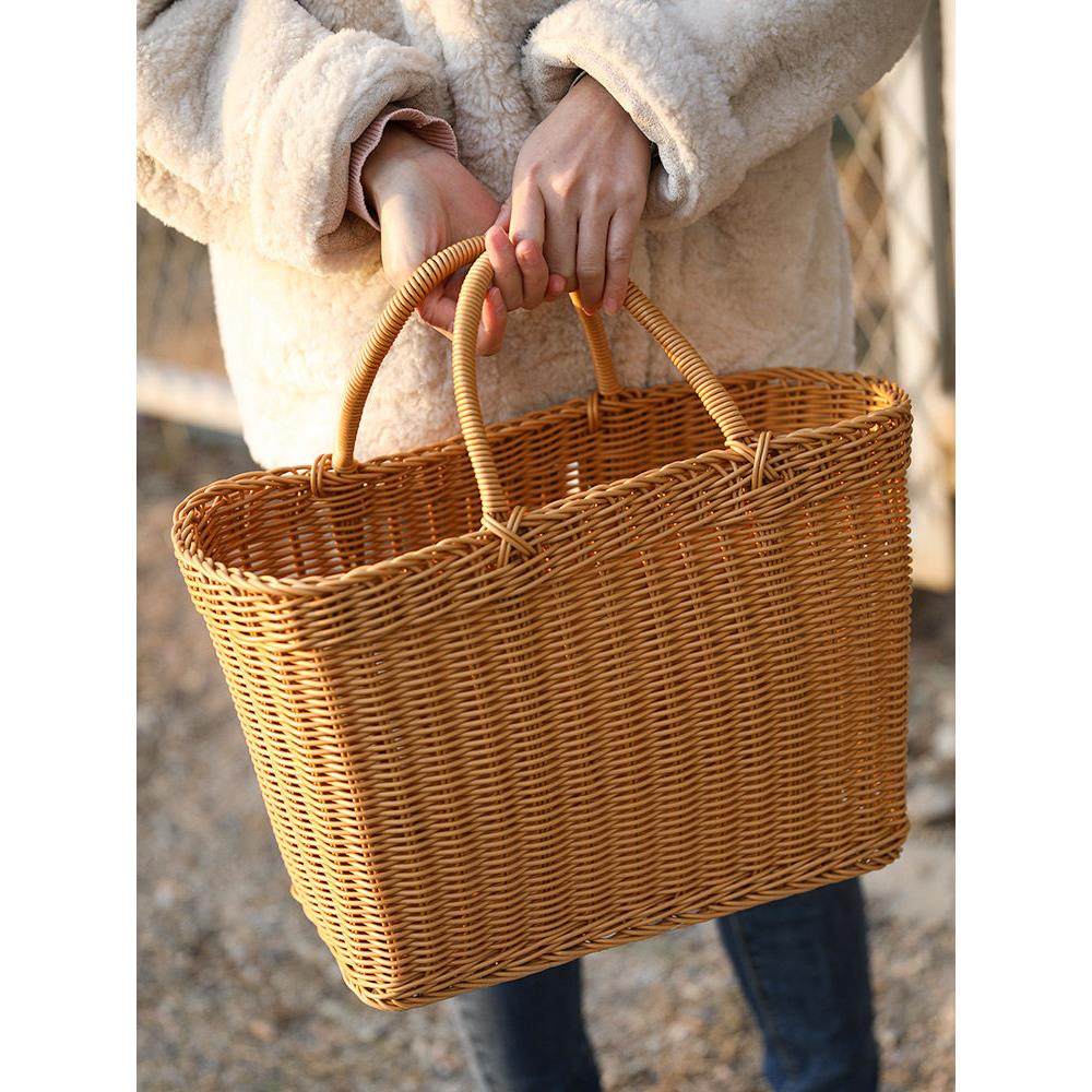 仿藤编织手提购物篮买菜篮子塑料野餐篮水果篮采摘提篮 INS宠物篮,收纳整理,购物篮,淘宝优惠券,粉丝福利购,淘宝优惠卷