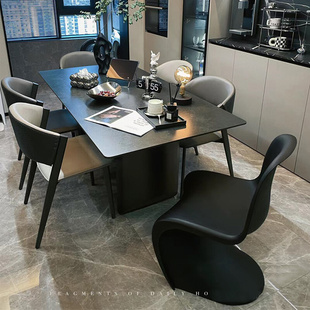 意式 极哑光岩板不锈钢餐桌轻奢悬浮家用长方形设计师餐桌椅组合