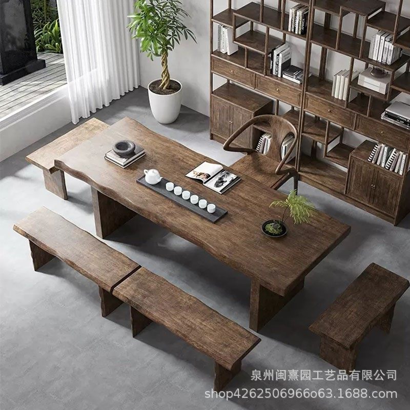 新中式实木复古茶桌办公接待会客大板洽谈桌茶室原木泡茶桌椅组合