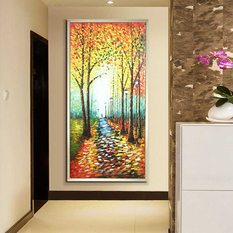 玄关过道走廊装饰画竖版发财树手绘立体油画客厅挂画卧室墙画图片