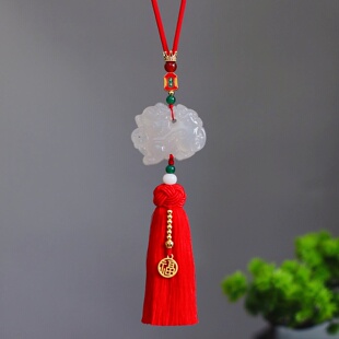 2026新款玉石麒麟汽车后视镜挂件大红流苏车挂件高级感节日礼品