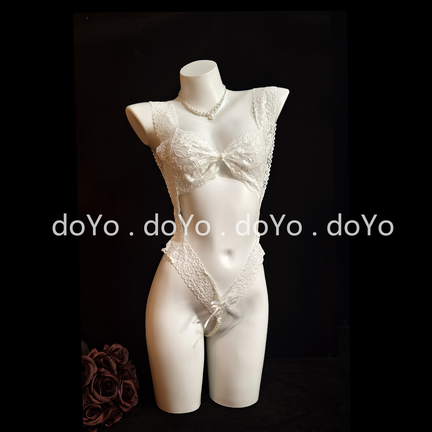 doYo情趣内衣女小胸性感蕾丝纯欲珍珠开裆制服连体睡衣白色qqny