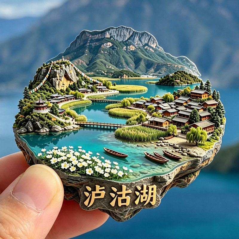 【泸沽湖冰箱贴】云南丽江景区文创旅伴手礼微缩高原湖泊风景磁贴图片