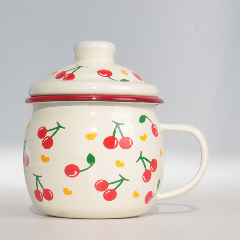 樱桃图案搪瓷马克杯带盖带手柄复古田园风茶杯8cm圆肚杯