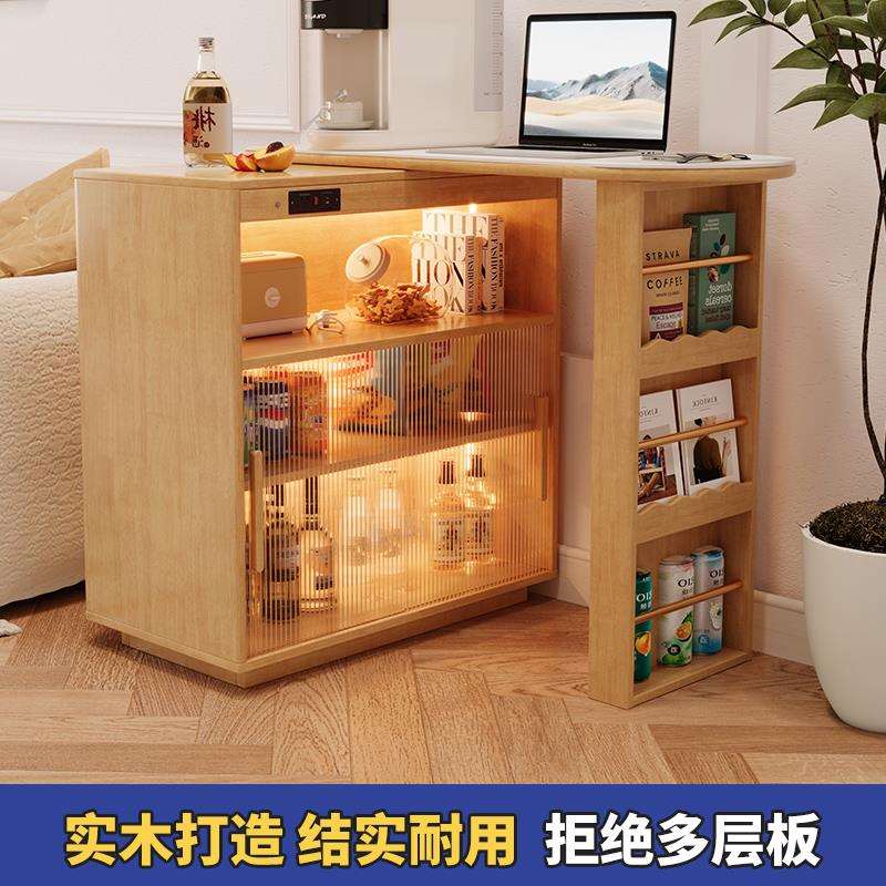 可伸缩实木吧台桌家用客厅隔断日式原木风岛台储物柜吧台柜一体柜