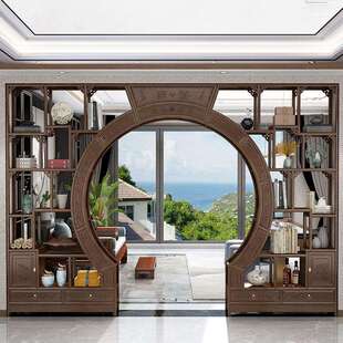 中式实木月洞门博古架多宝阁弧形圆门月亮门客厅隔断菠萝格家具