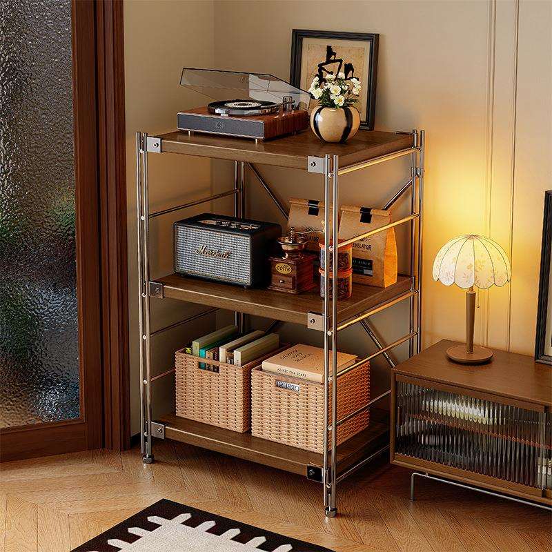 实木置物架落地中古风展示架客厅2025新款松木书架一体靠墙防锈钢