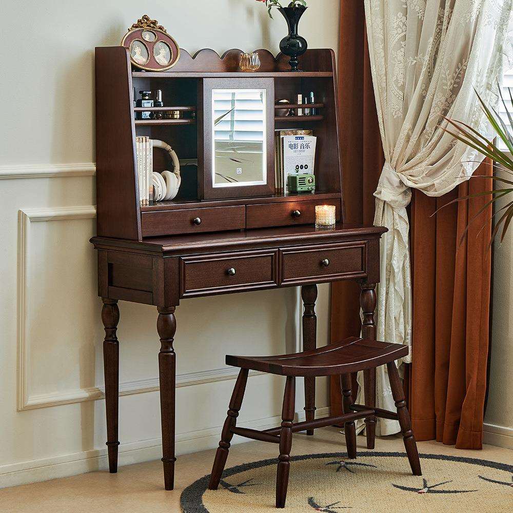 复古实木梳妆台美式小型化妆台主卧室法式中古风带灯镜子化妆桌子