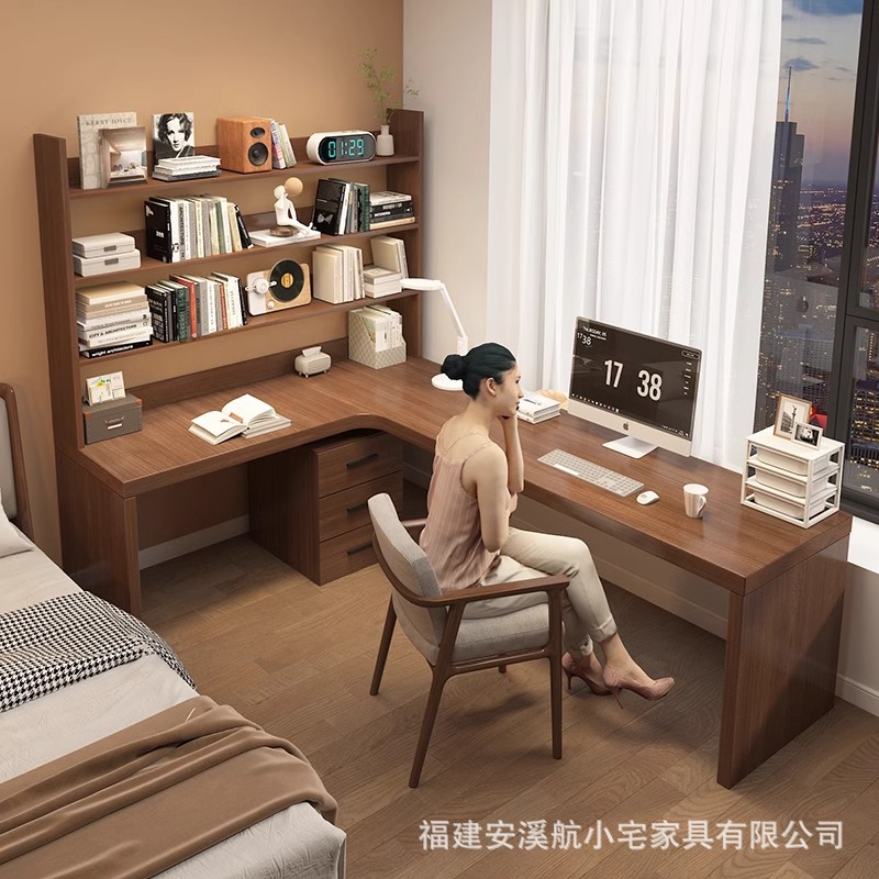 全实木转角书桌书柜一体家用办公卧室L型拐角台式电脑桌书架组合图片