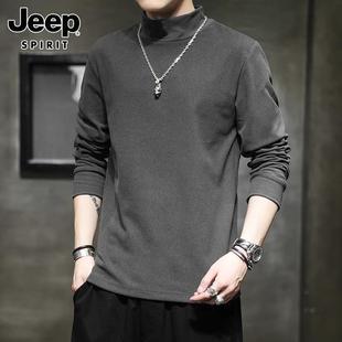 t恤男士 春季 美式 男 Jeep吉普长袖 新款 德绒上衣服半高领休闲打底衫