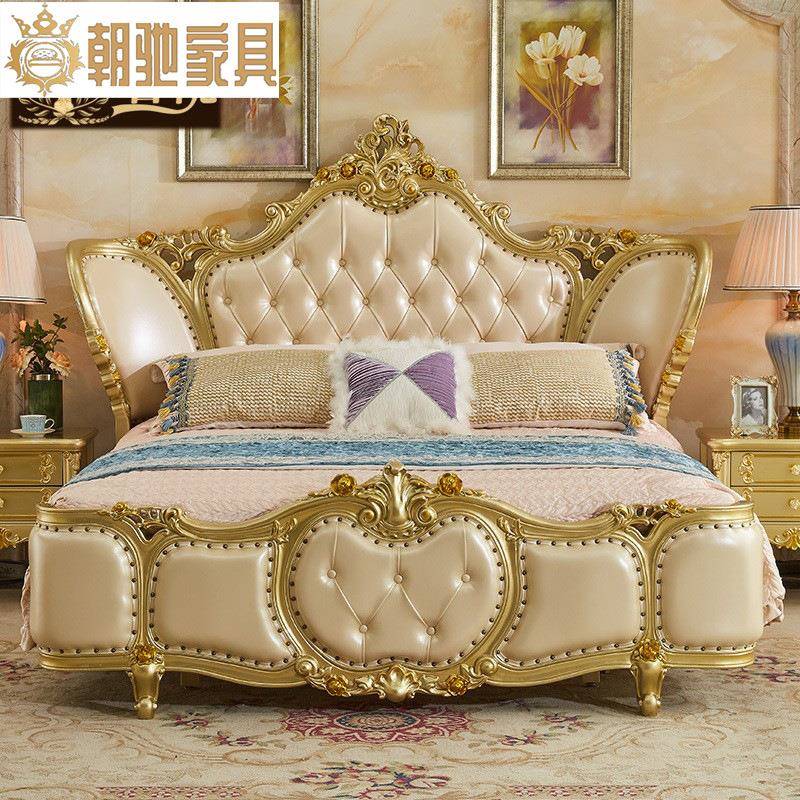 全实木欧式真皮床1.8米法式2米双人大床主卧奢华香槟金别墅家具