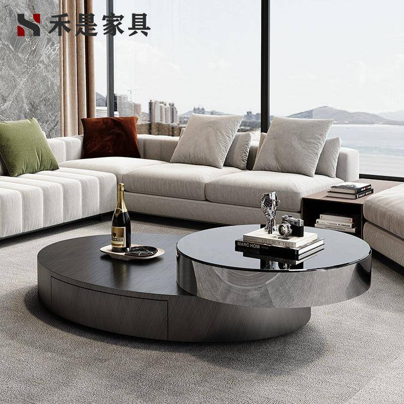 现代轻奢高级感创意旋转不锈钢茶几椭圆形小户型客厅家用简约现代