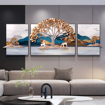 新中式客厅装饰画三联轻奢沙发背景墙挂画3d浮雕立体壁画