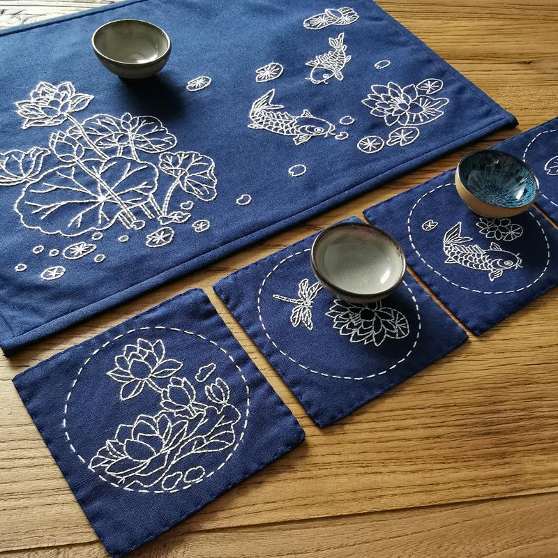中式古风手工刺绣棉麻隔热茶席杯托diy材料包青花瓷茶杯垫戳戳绣