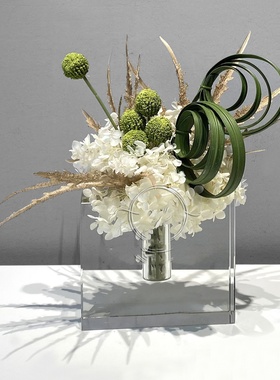About flowers 现代轻奢方形水晶花艺样板间酒店仿真桌花干花造型