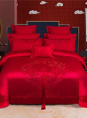 si6k贡缎120支新款长绒棉婚庆四件套大红精绣9件套喜被新潮婚