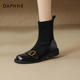 达芙妮短筒靴子女2025新款 秋冬瘦瘦靴圆头平跟黑色弹力靴百搭女鞋