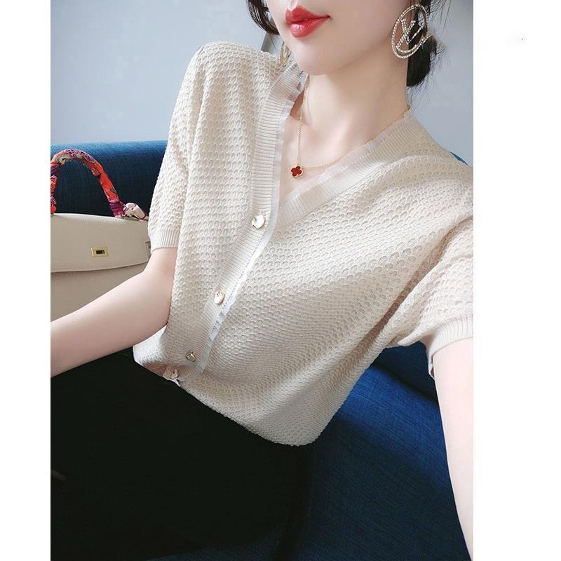法国Rouje Dsyle木耳边冰丝针织开衫女夏季V领短袖T恤女百搭上衣