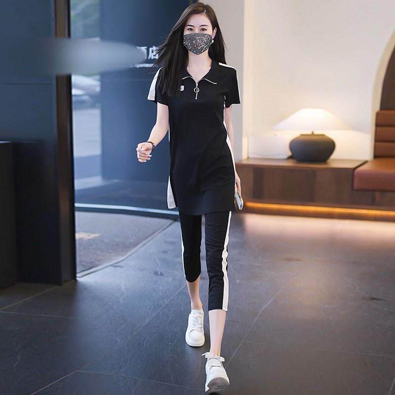 潮牌休闲时尚运动套装夏季中长款短袖T恤显瘦上衣+七分裤两件套女