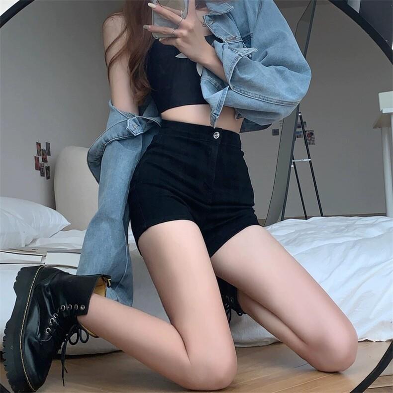 夏季黑色a字牛仔短裤女辣妹弹力高腰显瘦小个子热裤直筒阔腿裤子