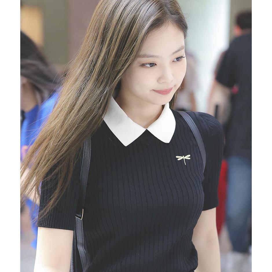 金智妮同款韩版ins黑色刺绣短袖Polo领修身针织女设计感上衣T恤