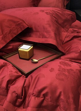 红色婚庆床上四件套全棉纯棉 结婚被套床单100Q支长绒棉婚房喜床
