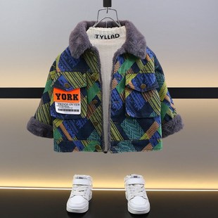 儿童加绒牛仔e外套秋冬季2024新款男宝深秋加厚帅气潮男童冬装上