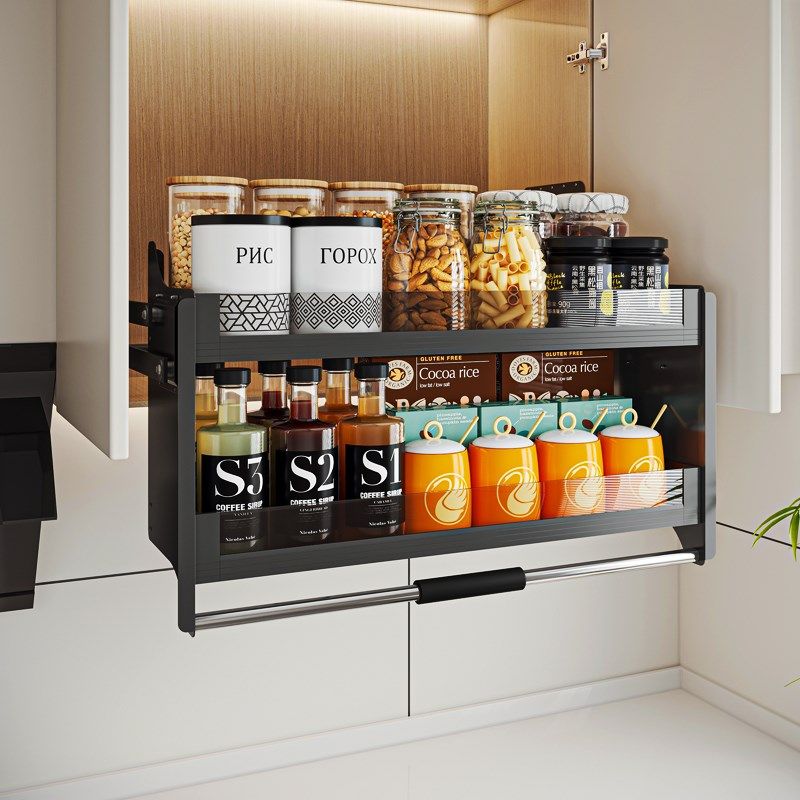 厨房吊柜升降拉篮橱柜下拉式调味拉篮顶柜上下缓冲伸缩调料置物架,家装主材,拉篮,淘宝优惠券,粉丝福利购,淘宝优惠卷