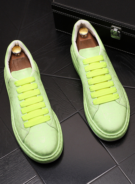 小白鞋男夏季新款时尚萤光男鞋系带韩H版白色板鞋厚底增高运动休